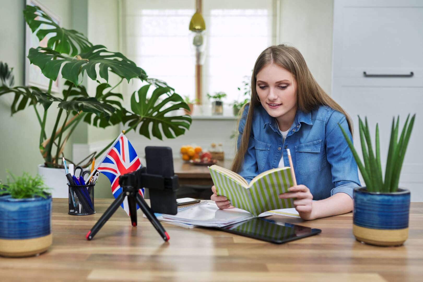 Online English lesson, young woman teaching English to students